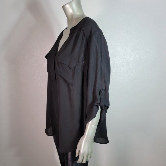 Torrid Harper Blouse Plus Size 2X Sheer Pockets Roll‎ Tab Sleeve Casual Black - Picture 3 of 6